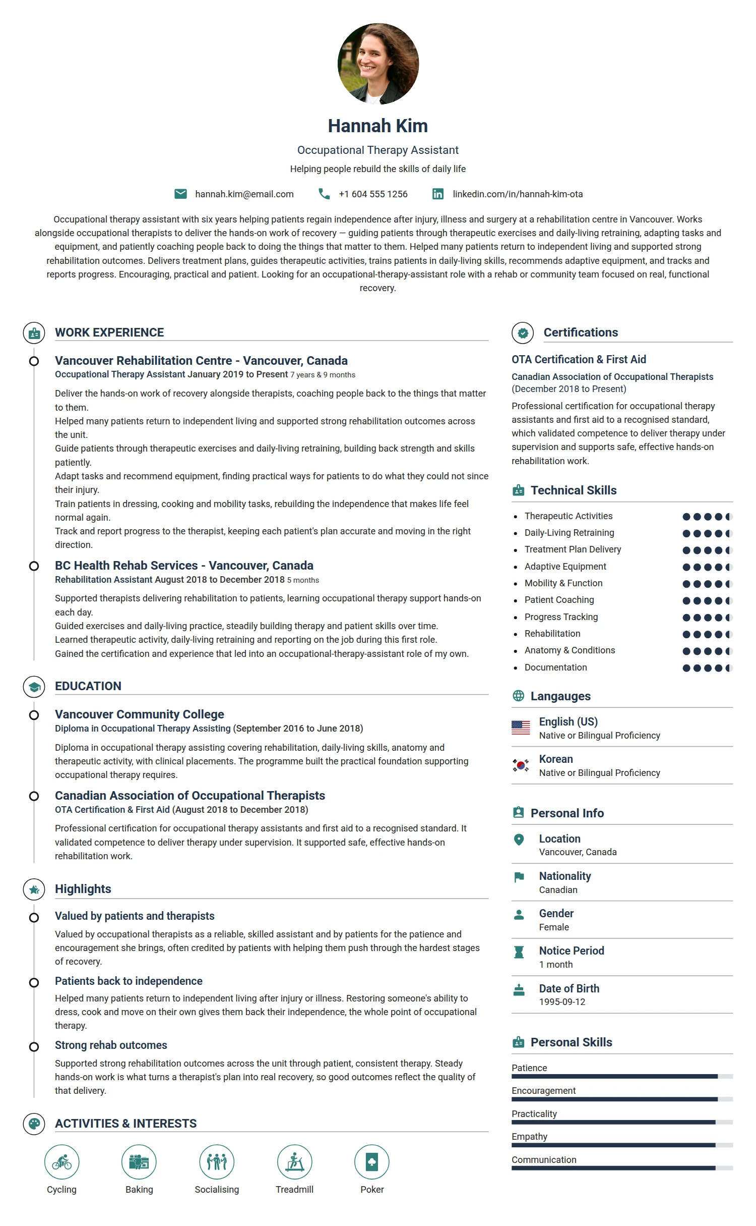 Occupational Therapy Assistant resume example — a professionally formatted Medical & Healthcare CV sample