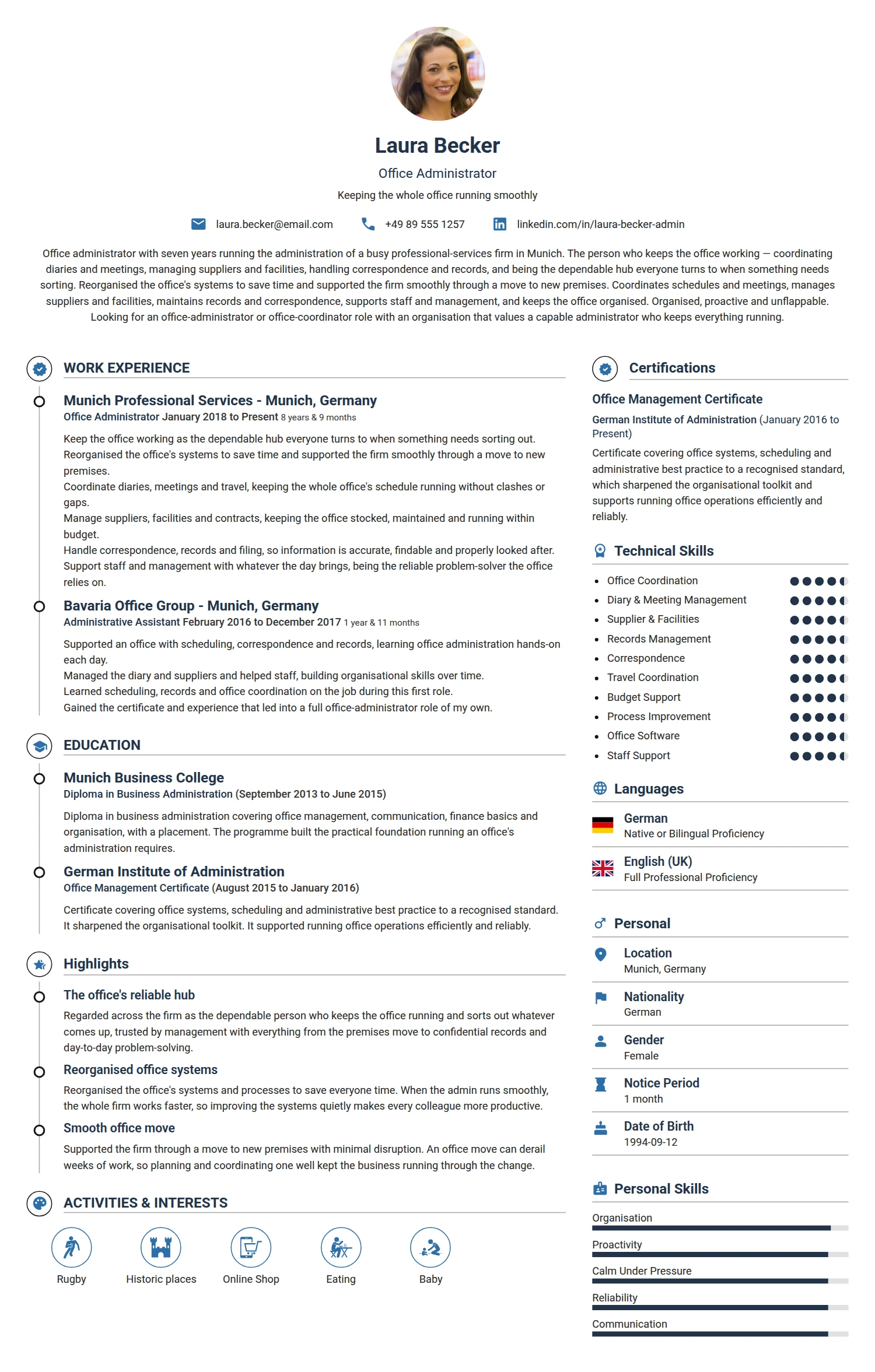 Office Administrator resume example — a professionally formatted Administration CV sample