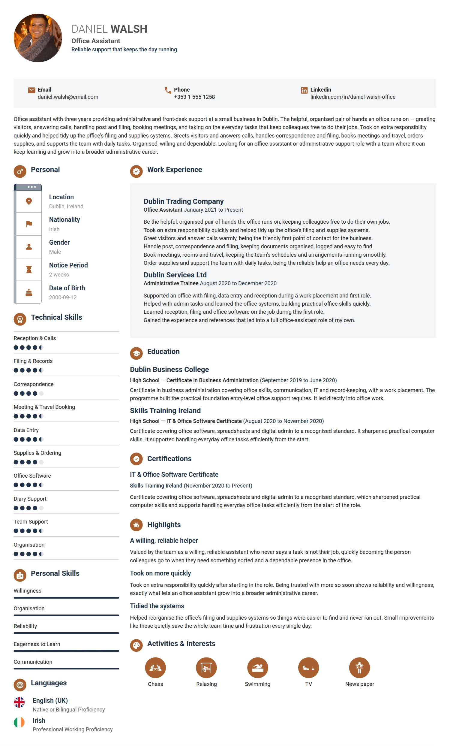 Office Assistant resume example — a professionally formatted Administration CV sample