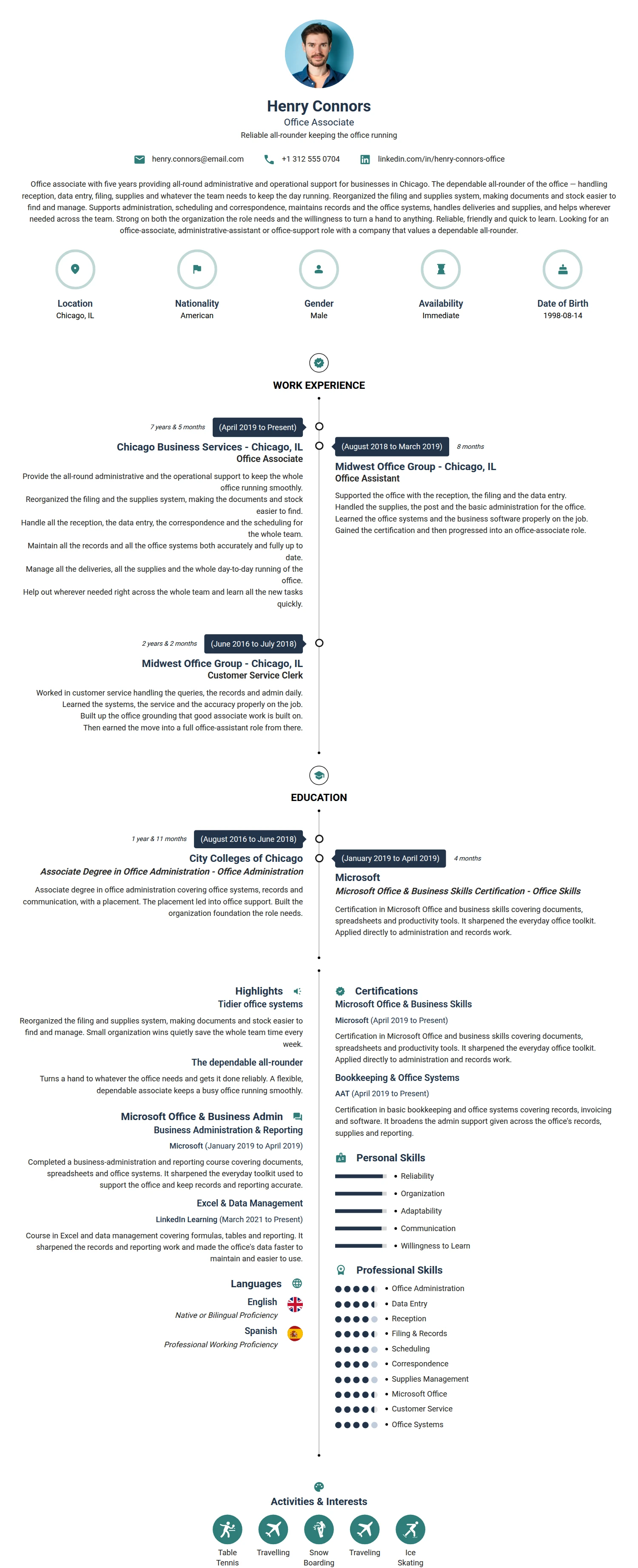 Office Associate resume example — a professionally formatted Administration CV sample