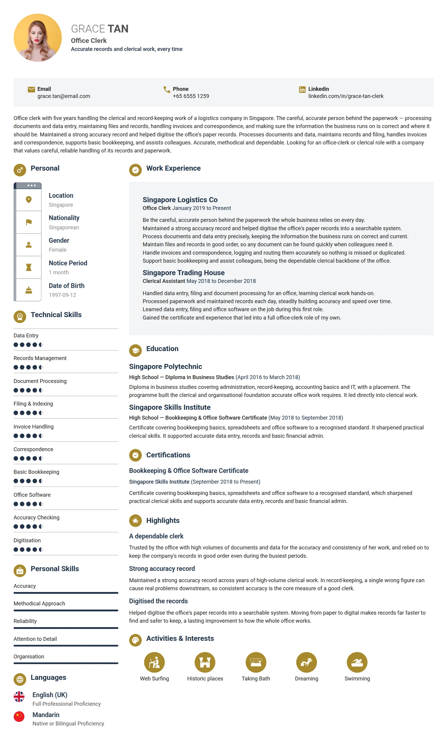 Office Clerk resume example — a professionally formatted Administration CV sample