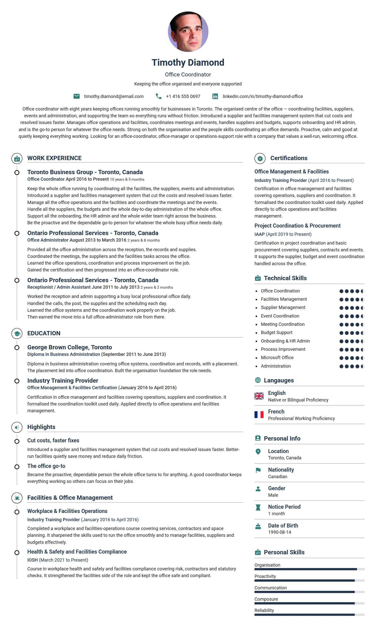 Office Coordinator resume example — a professionally formatted Administration CV sample