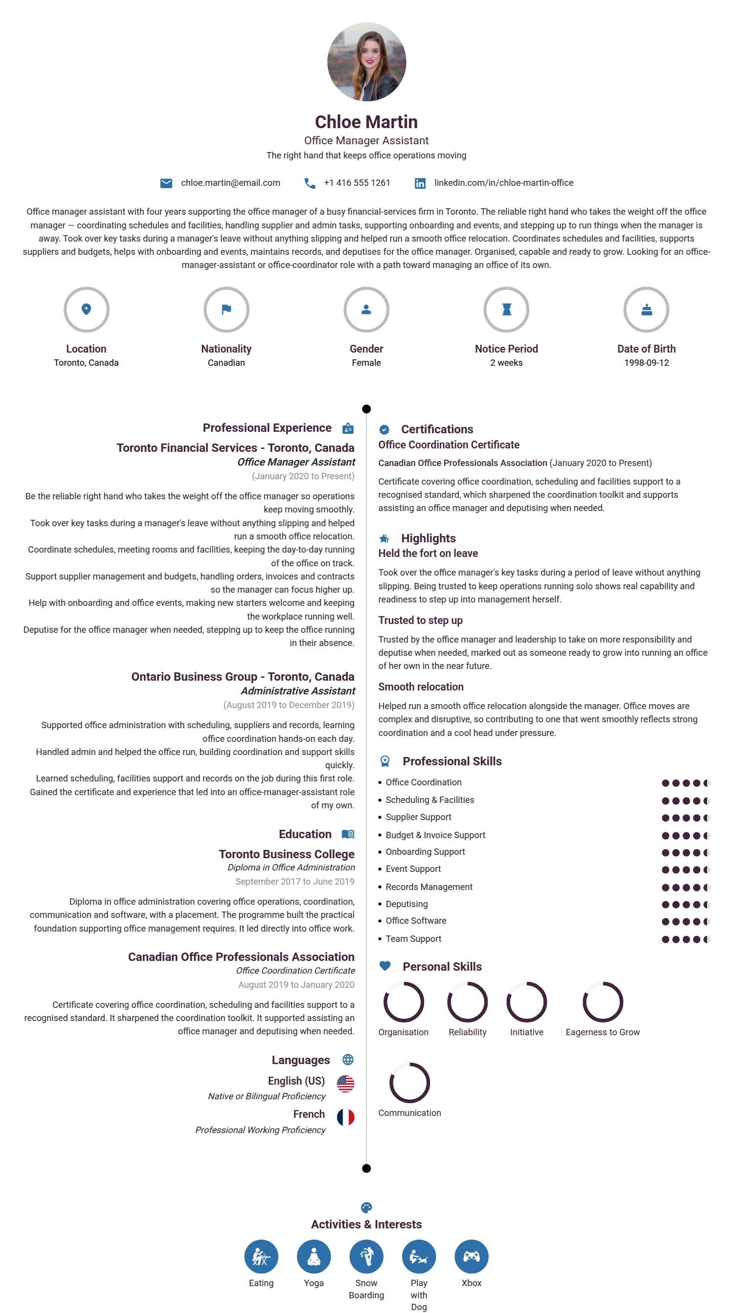 Office Manager Assistant resume example — a professionally formatted Administration CV sample