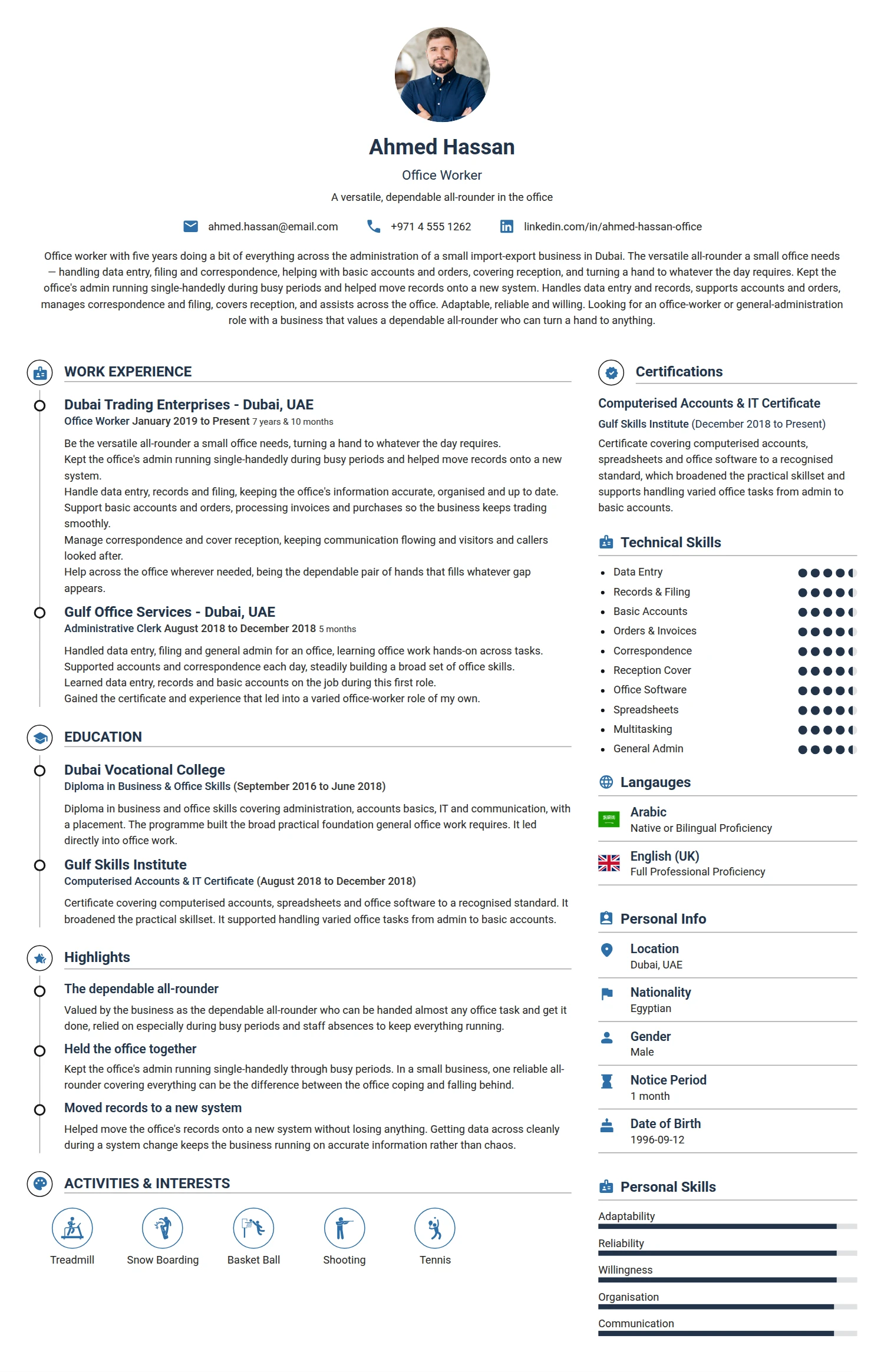 Office Worker resume example — a professionally formatted Administration CV sample