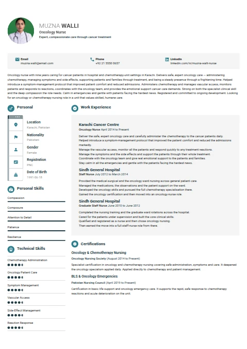 Oncology Nurse resume example