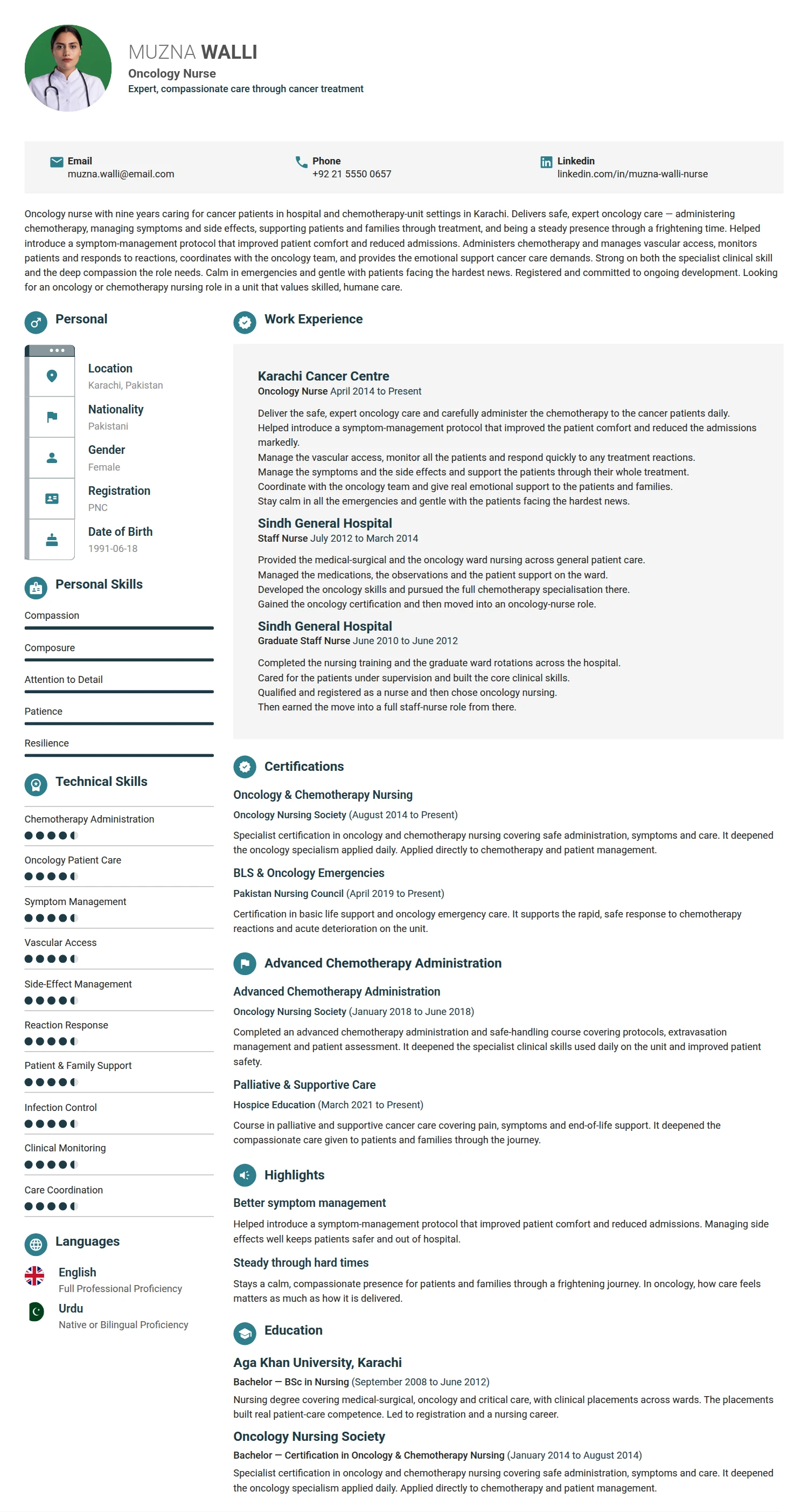 Oncology Nurse resume example — a professionally formatted Medical & Healthcare CV sample