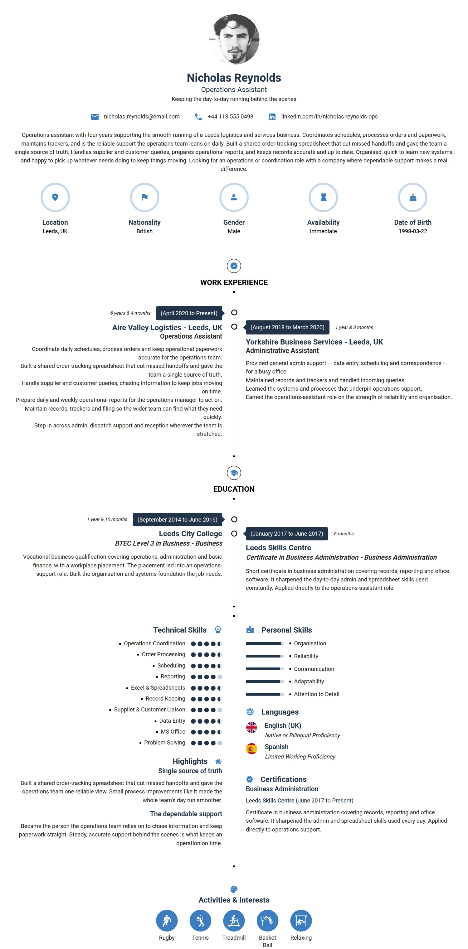 Operations Assistant resume example — a professionally formatted Business Management CV sample