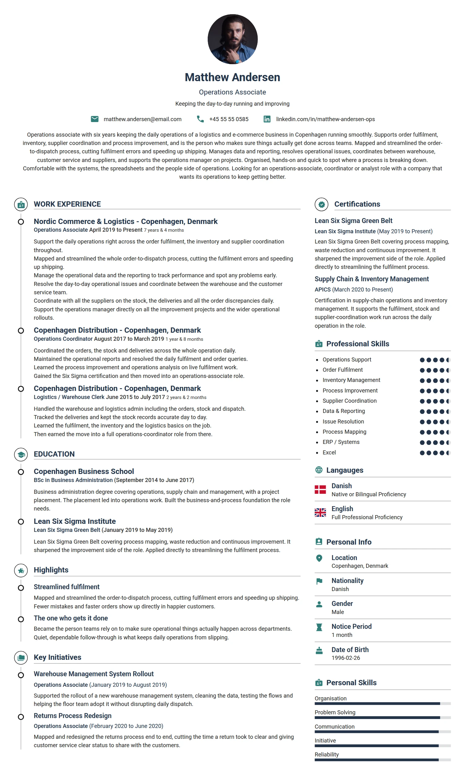 Operations Associate resume example — a professionally formatted Manufacturing CV sample