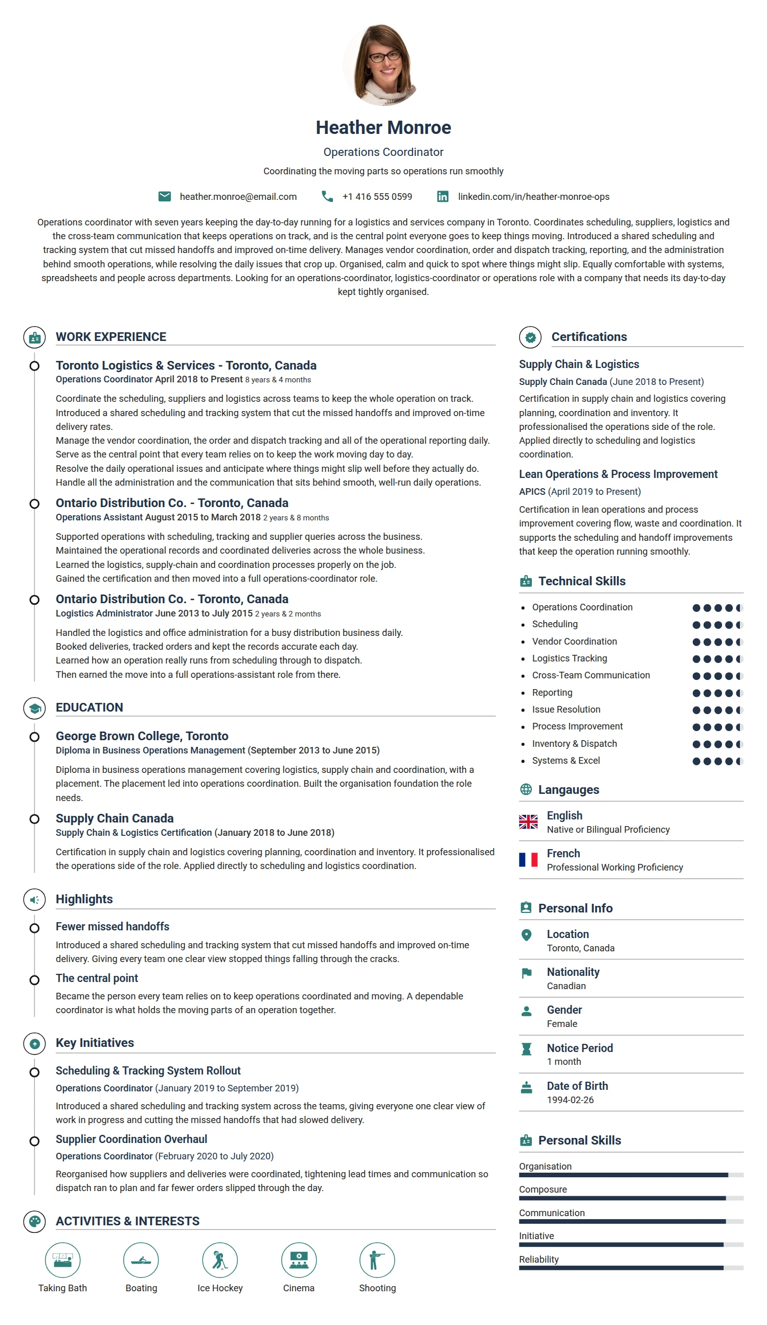 Operations Coordinator resume example — a professionally formatted Business Management CV sample