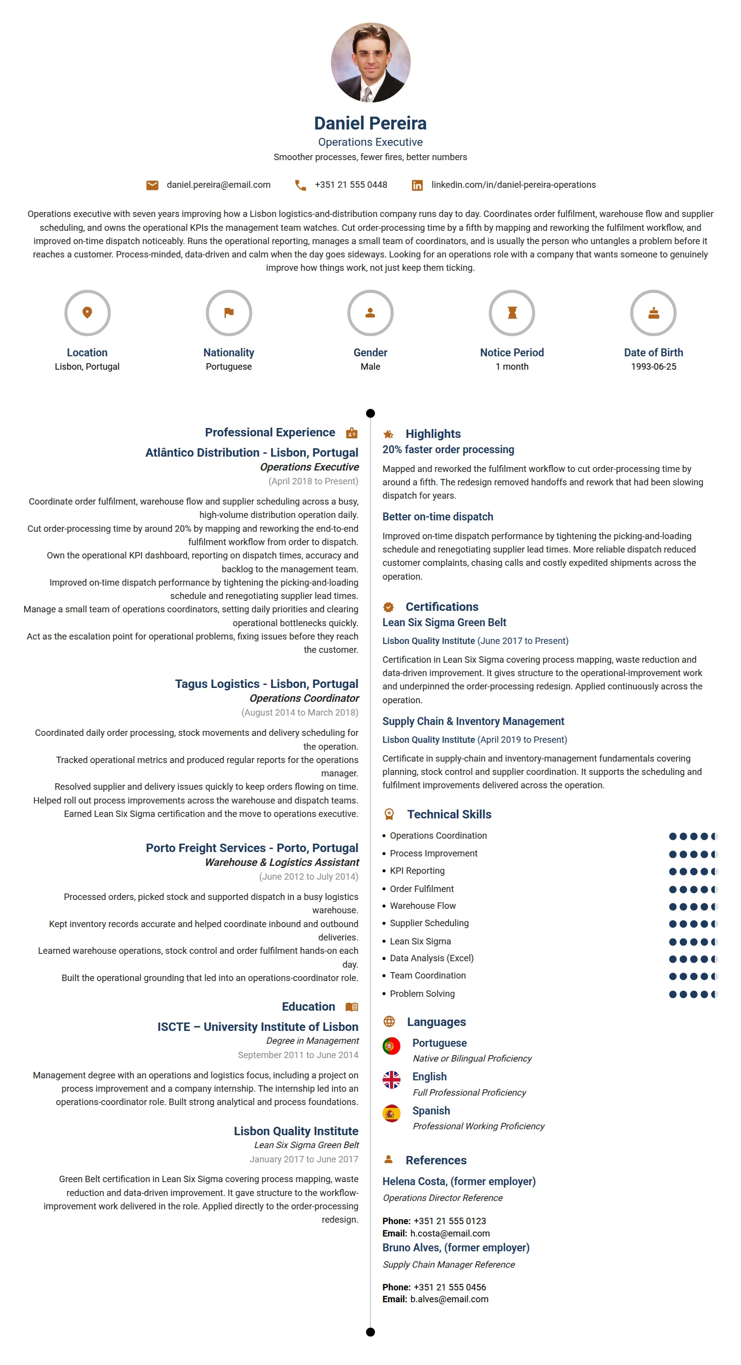 Operations Executive resume example — a professionally formatted Manufacturing CV sample