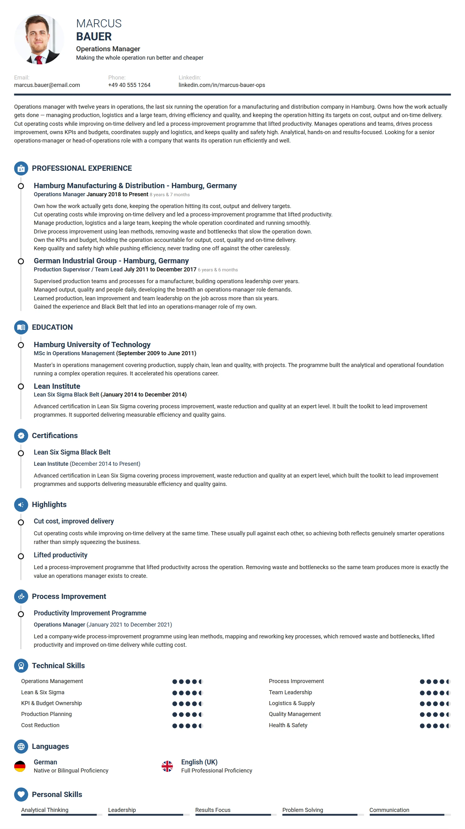 Operations Manager resume example — a professionally formatted Manufacturing CV sample