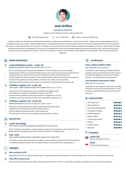 Operations Supervisor resume example