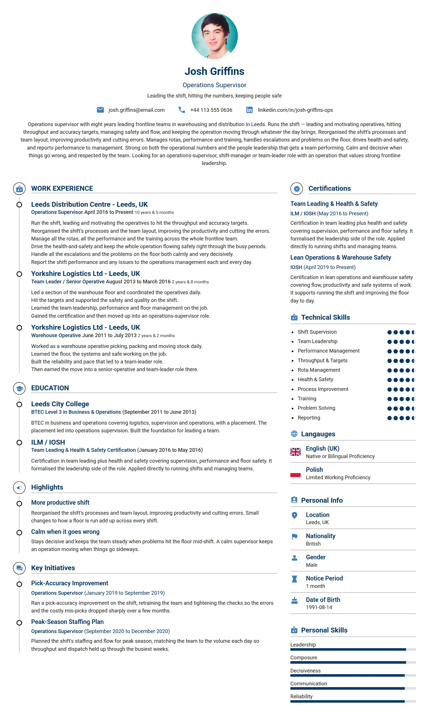 Operations Supervisor resume example — a professionally formatted Manufacturing CV sample