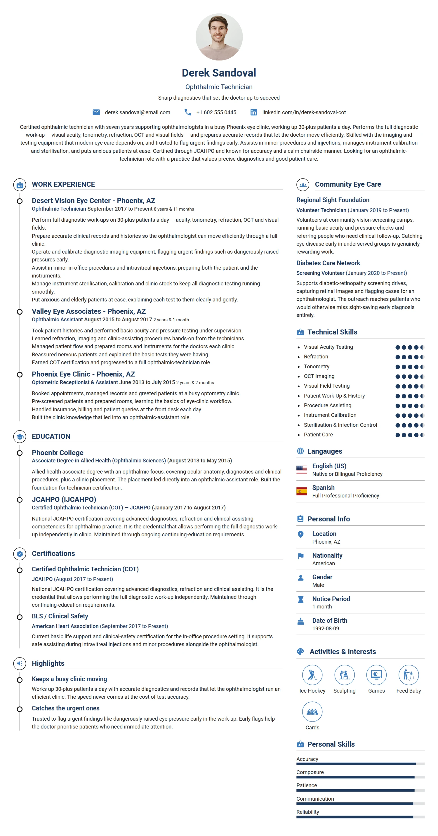 Ophthalmic Technician resume example — a professionally formatted Medical & Healthcare CV sample