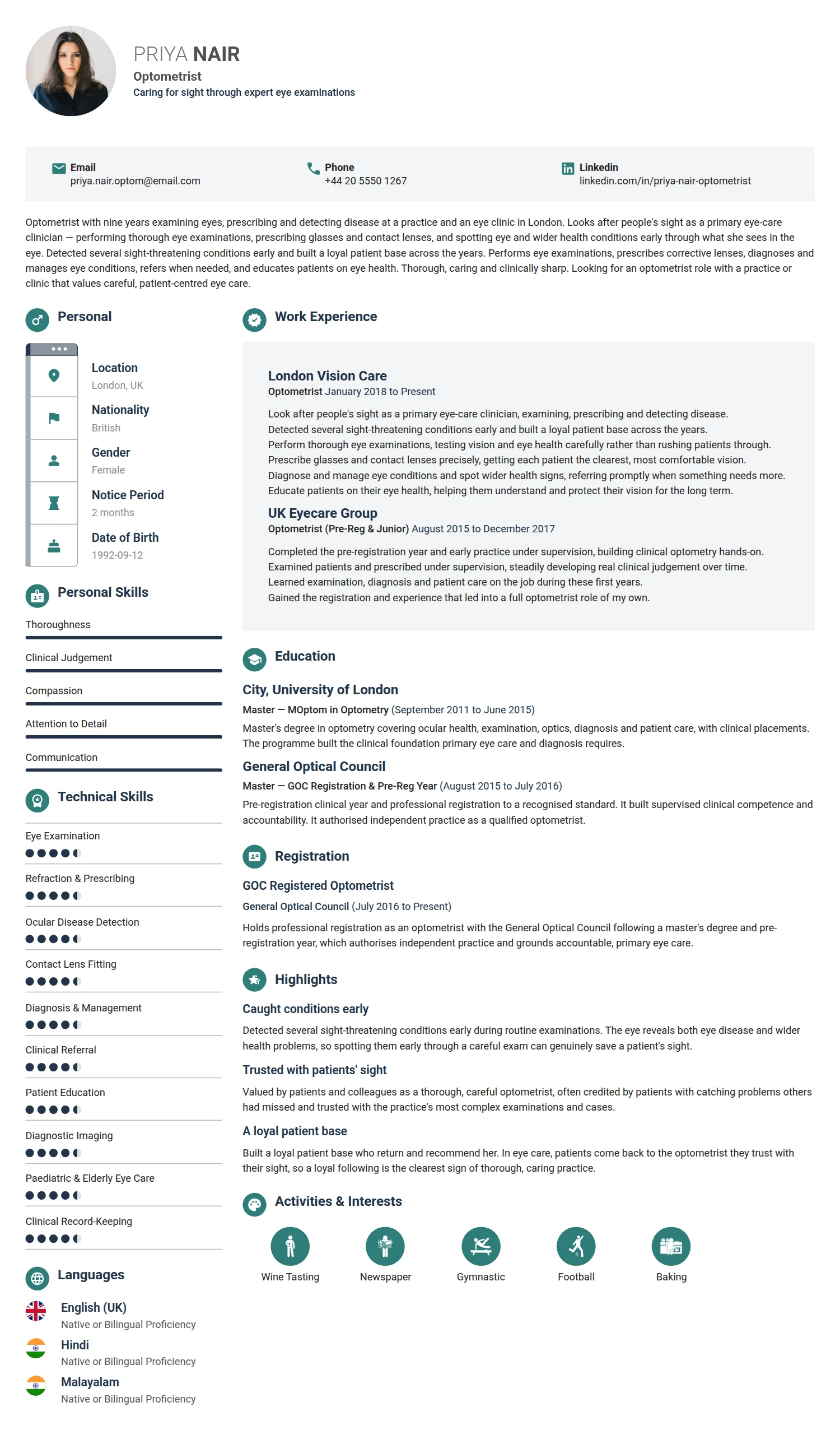 Optometrist resume example — a professionally formatted Medical & Healthcare CV sample