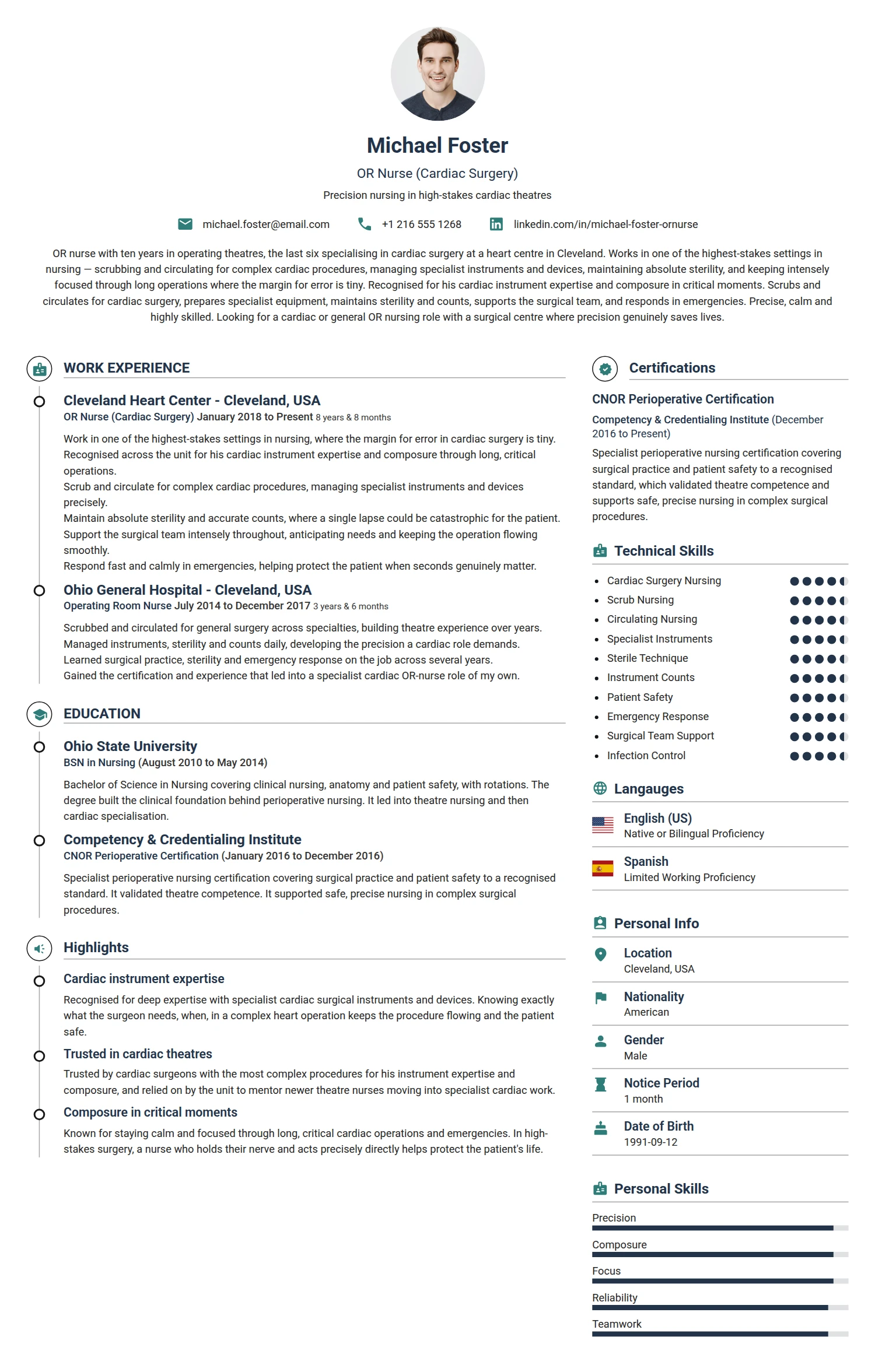 OR Nurse resume example — a professionally formatted Medical & Healthcare CV sample