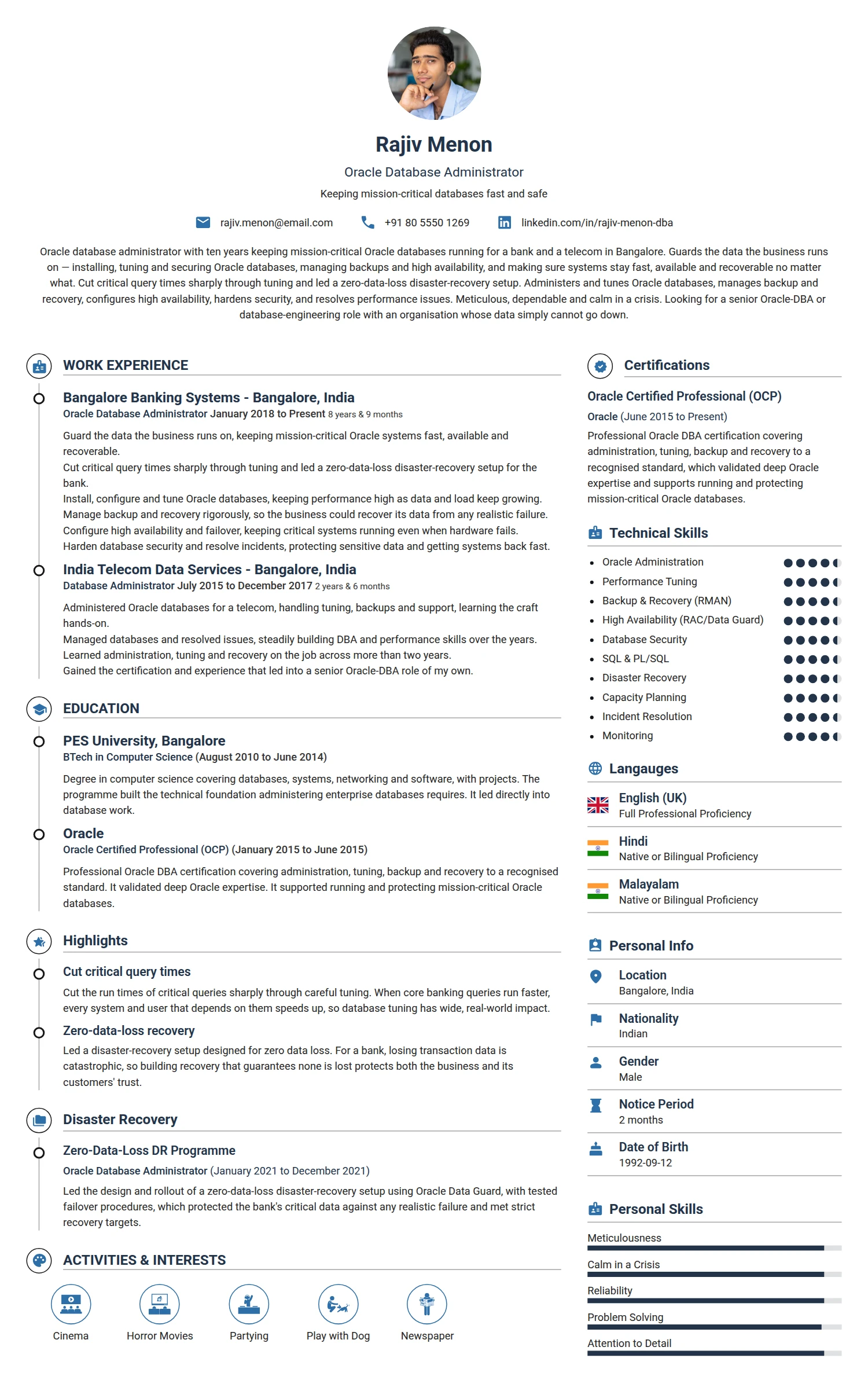 Oracle Database Administrator resume example — a professionally formatted Software Development & IT CV sample