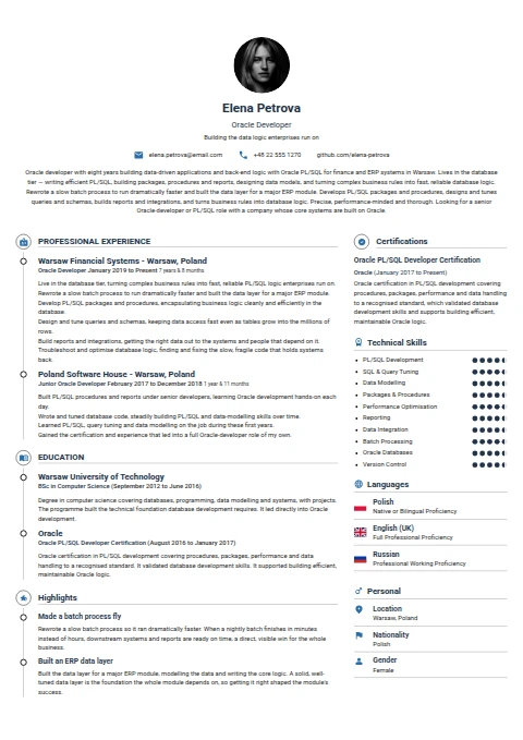 Oracle Developer resume example