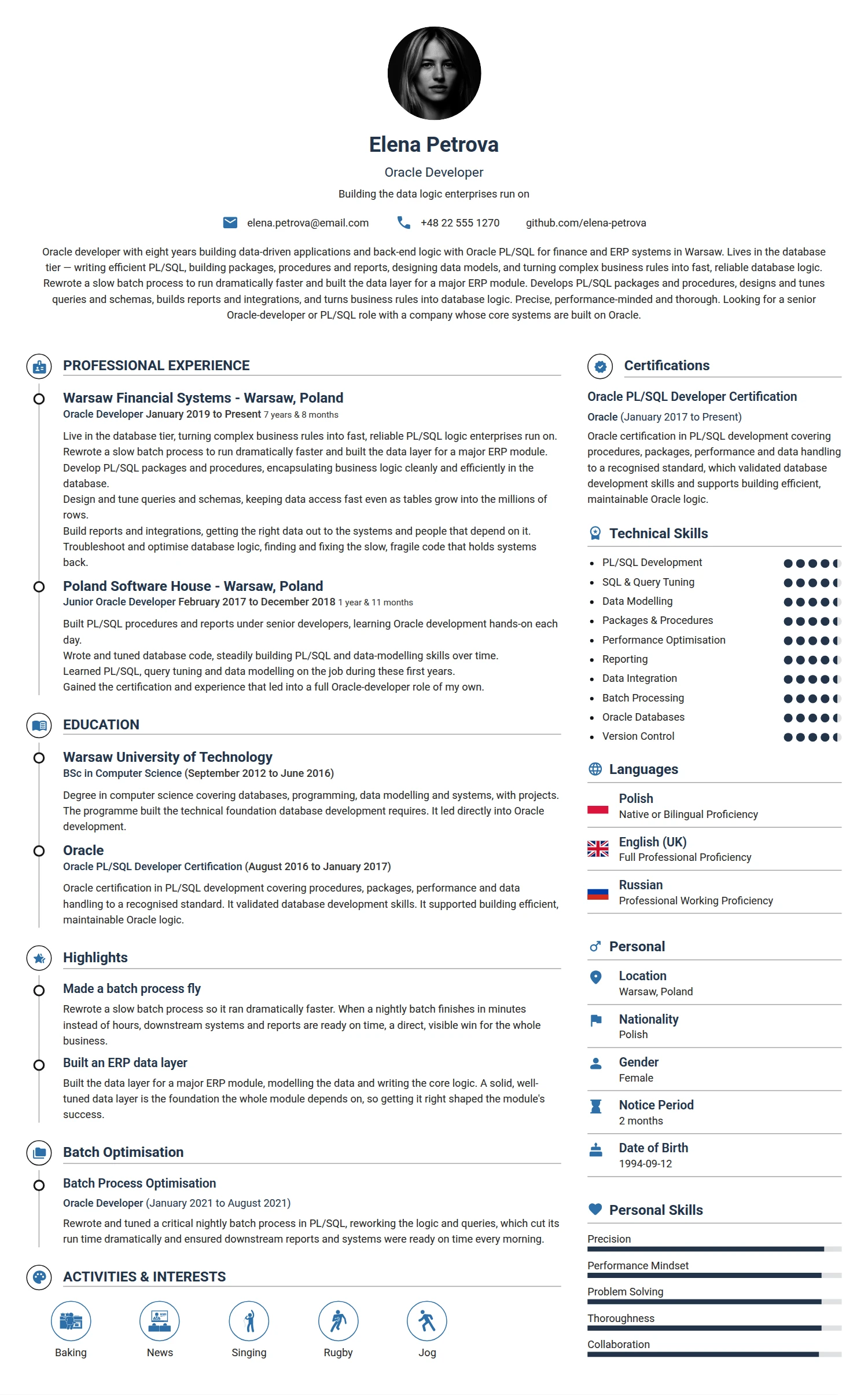 Oracle Developer resume example — a professionally formatted Software Development & IT CV sample