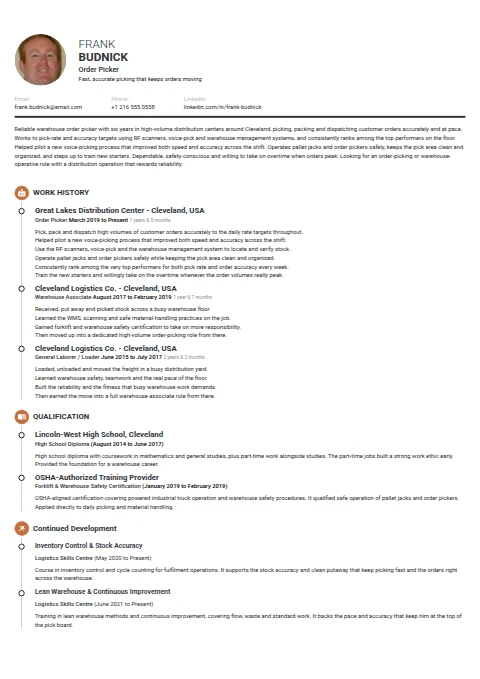 Order Picker resume example