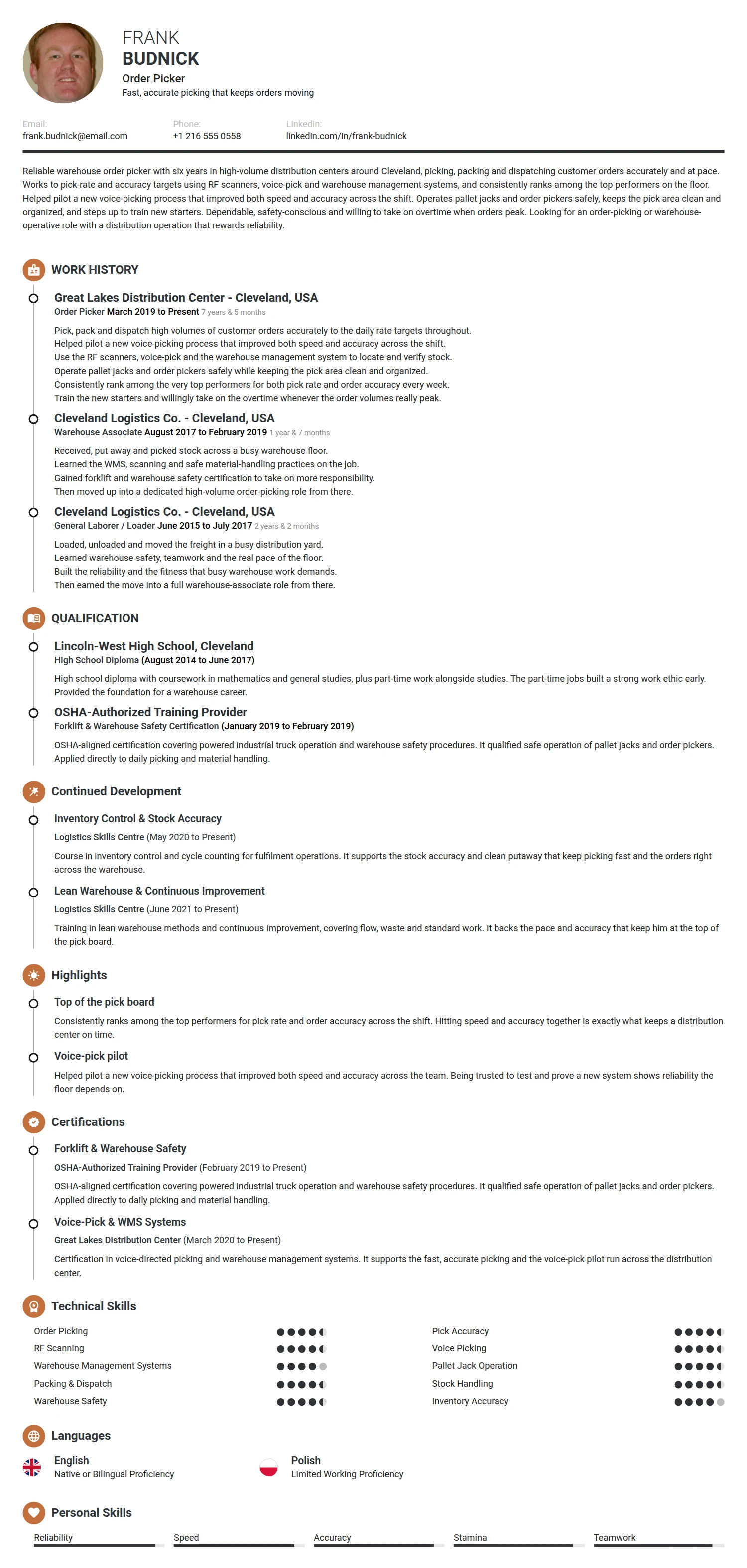Order Picker resume example — a professionally formatted Logistics/Supply Chain CV sample