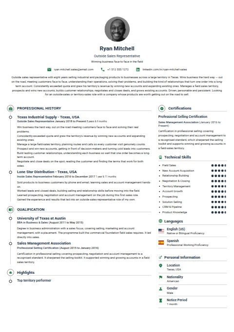 Outside Sales Representative resume example