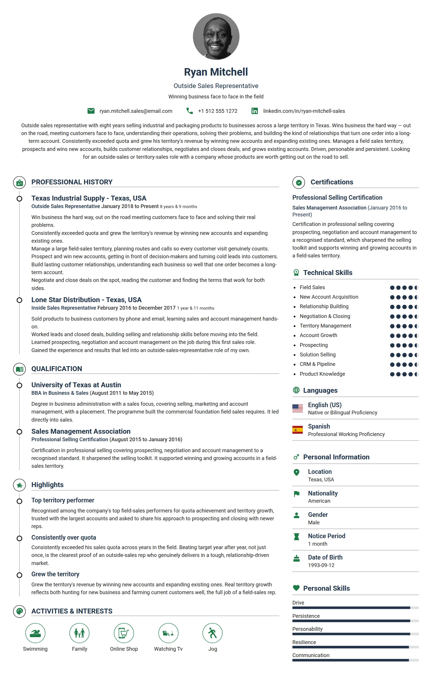 Outside Sales Representative resume example — a professionally formatted Sales CV sample