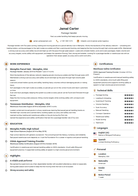 Package Handler resume example
