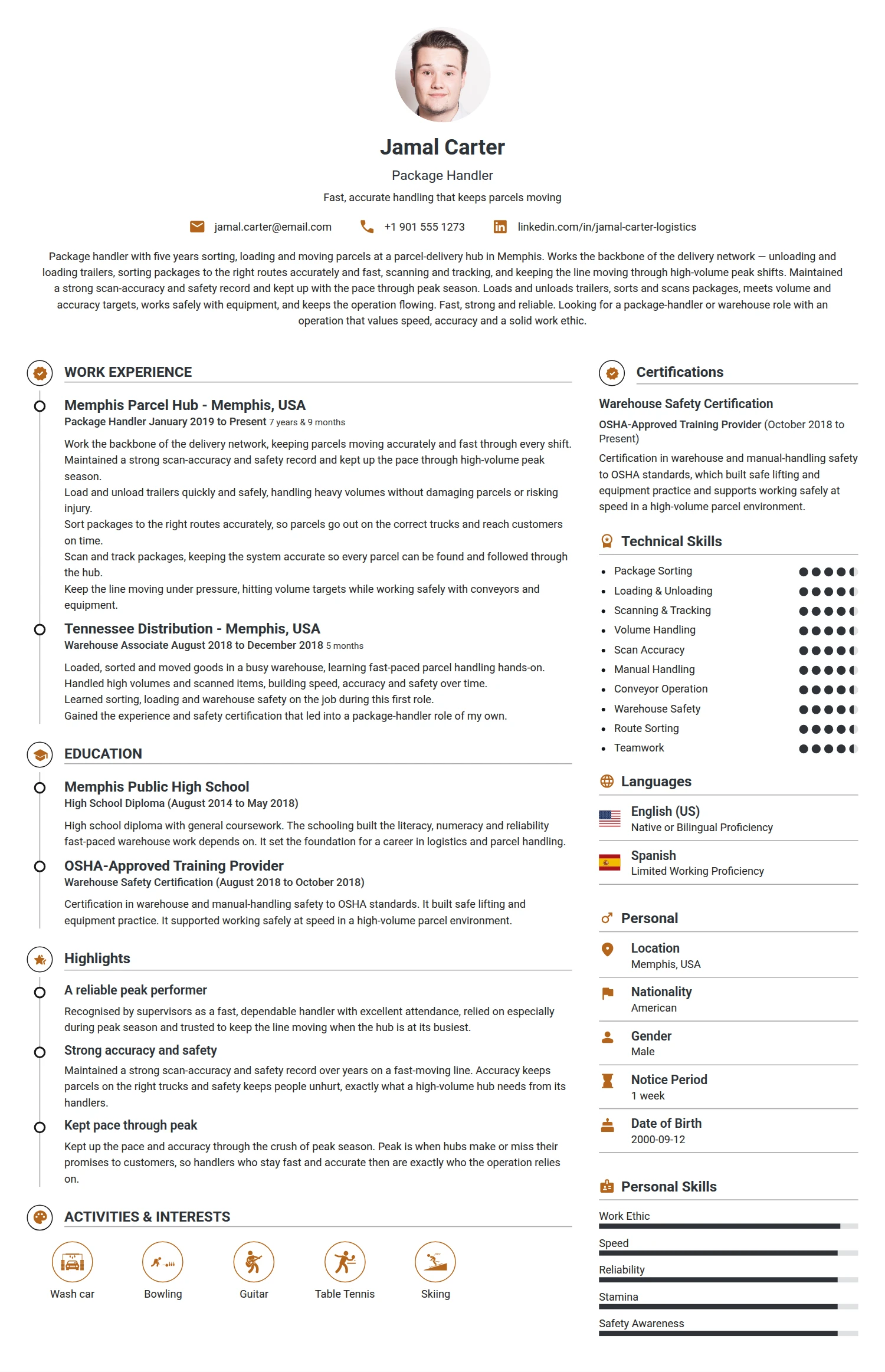 Package Handler resume example — a professionally formatted Logistics/Supply Chain CV sample
