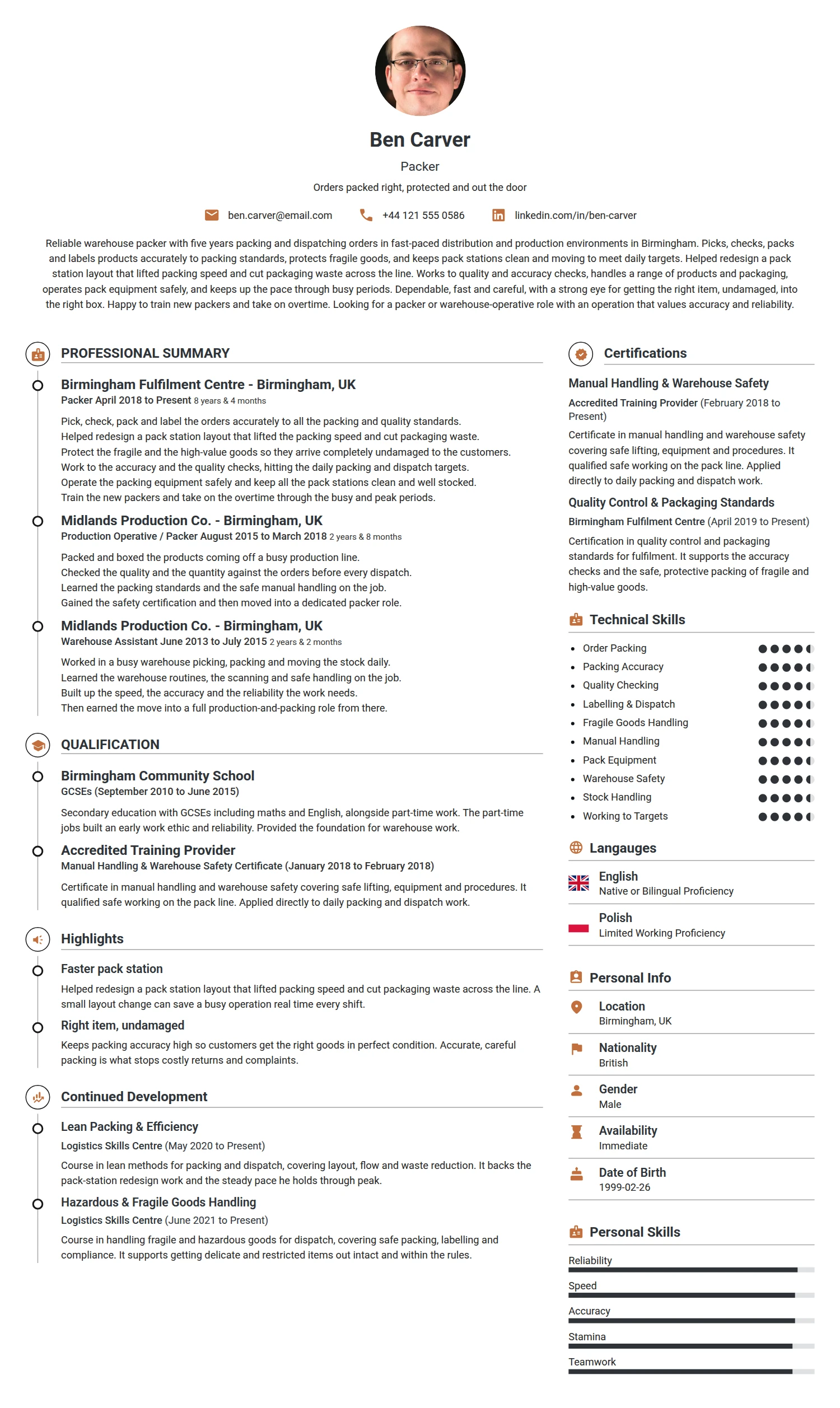 Packer resume example — a professionally formatted Logistics/Supply Chain CV sample