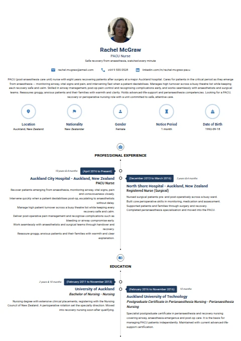PACU Nurse resume example