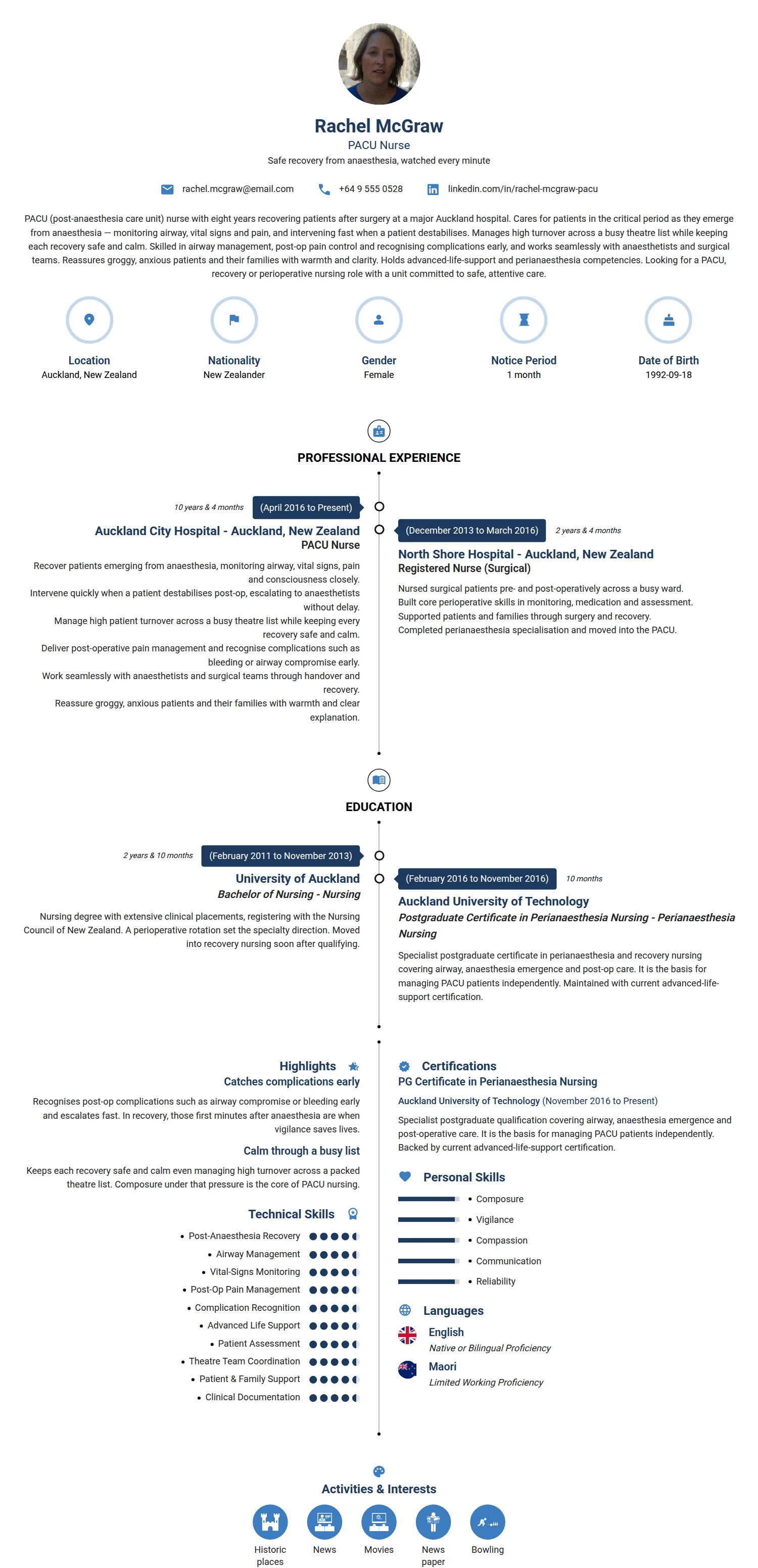 PACU Nurse resume example — a professionally formatted Medical & Healthcare CV sample