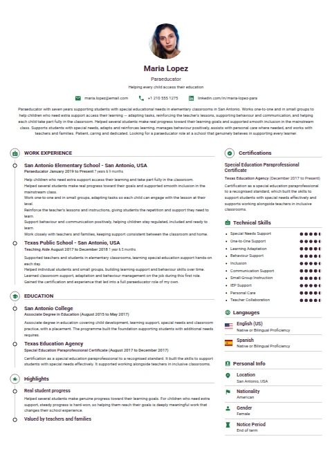 Paraeducator resume example