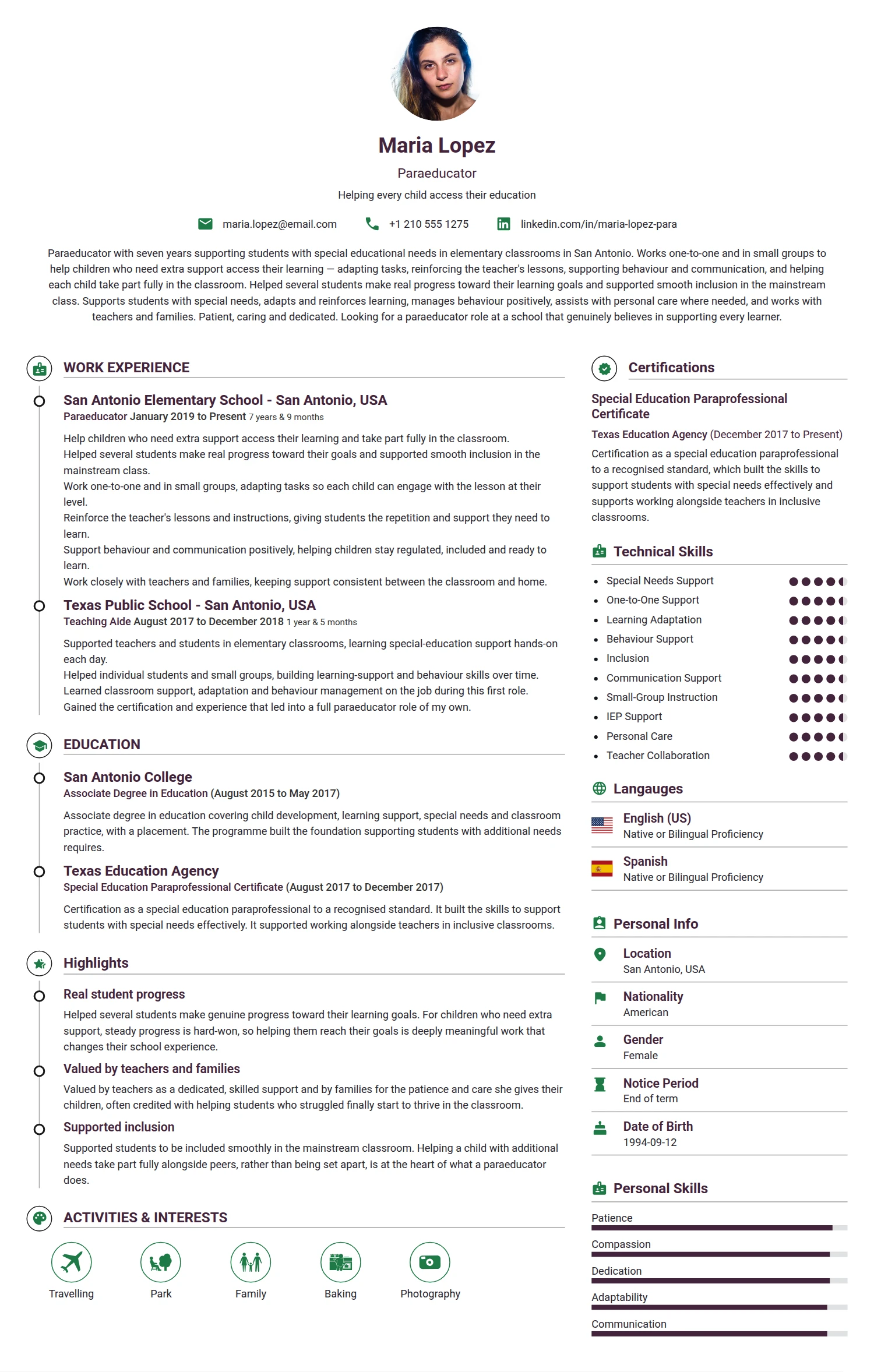 Paraeducator resume example — a professionally formatted Education CV sample