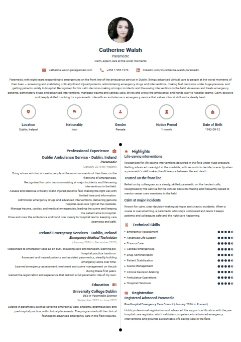 Paramedic resume example — a professionally formatted Medical & Healthcare CV sample