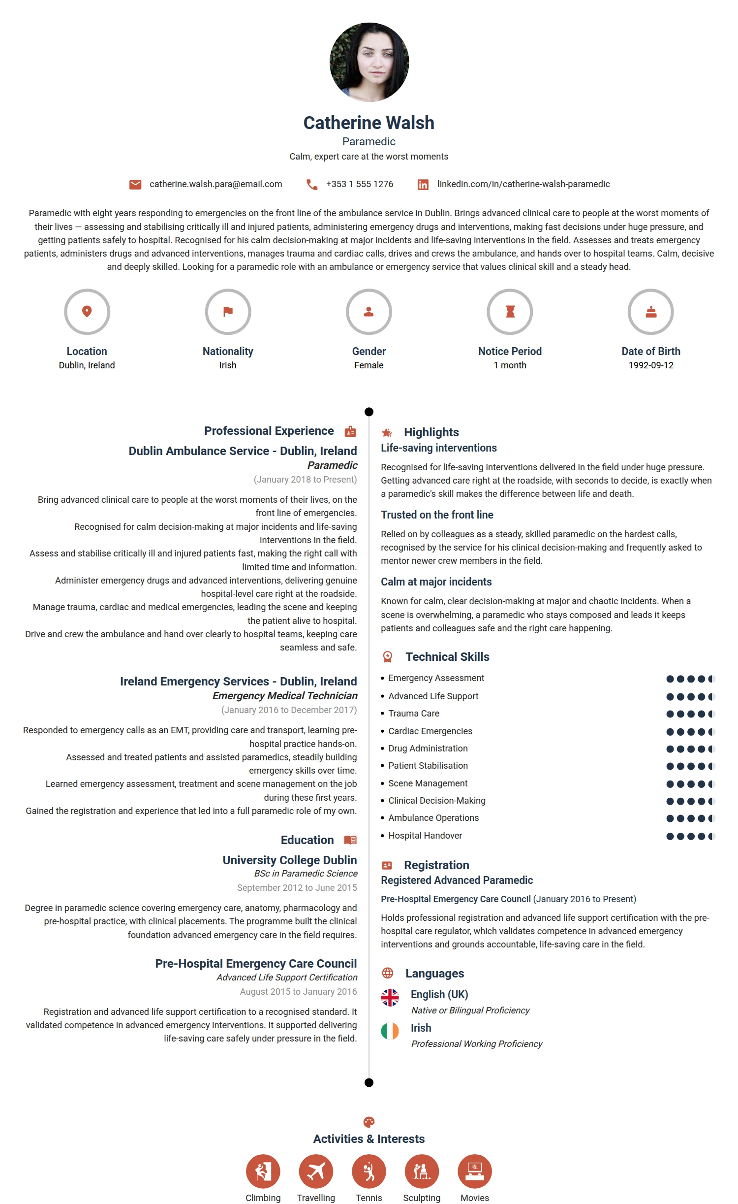 Paramedic resume example — a professionally formatted Medical & Healthcare CV sample