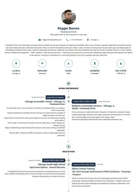 Paratransit Driver resume example — a professionally formatted Transportation CV sample