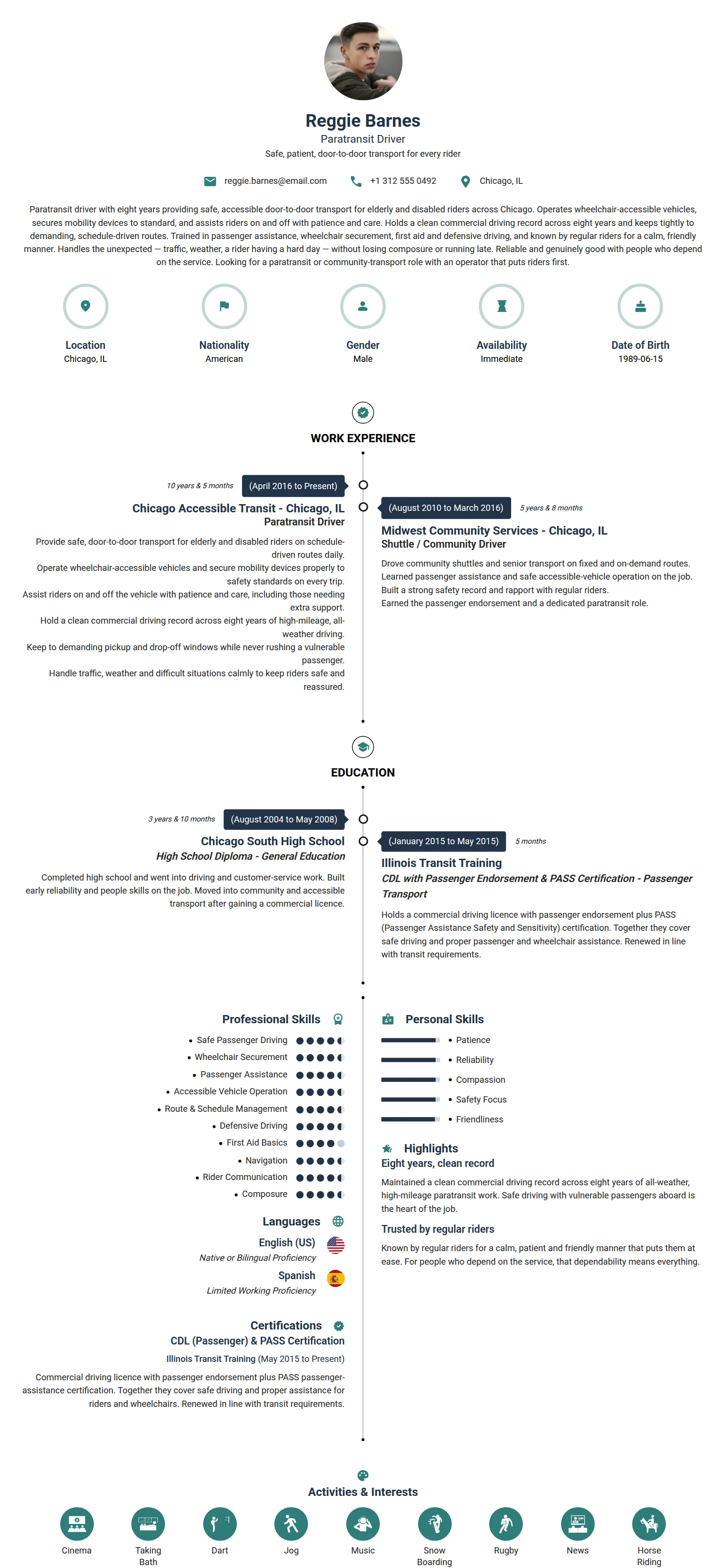 Paratransit Driver resume example — a professionally formatted Transportation CV sample
