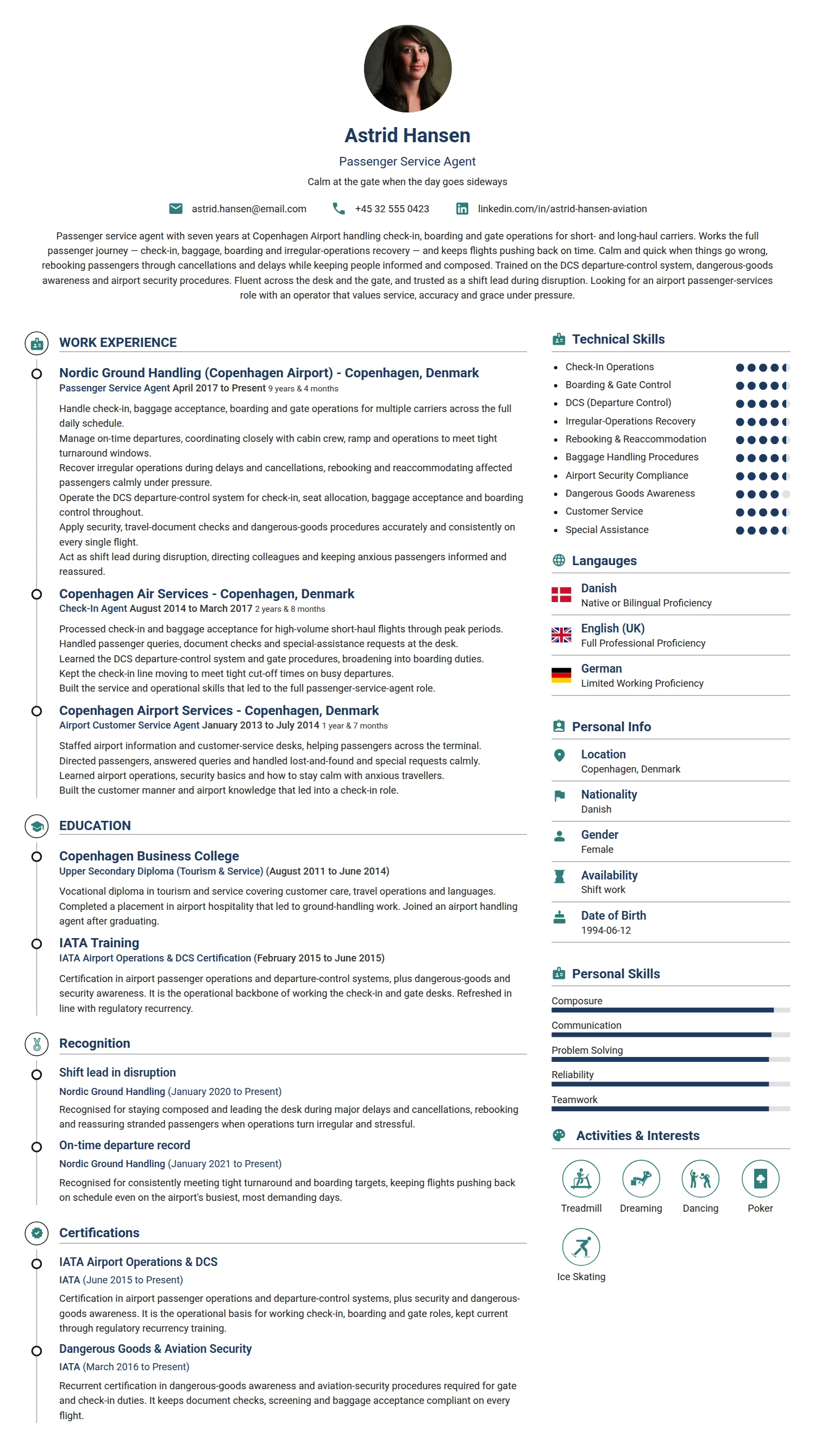 Passenger Service Agent resume example — a professionally formatted Transportation CV sample