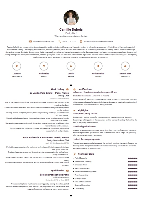 Pastry Chef resume example — a professionally formatted Hospitality CV sample