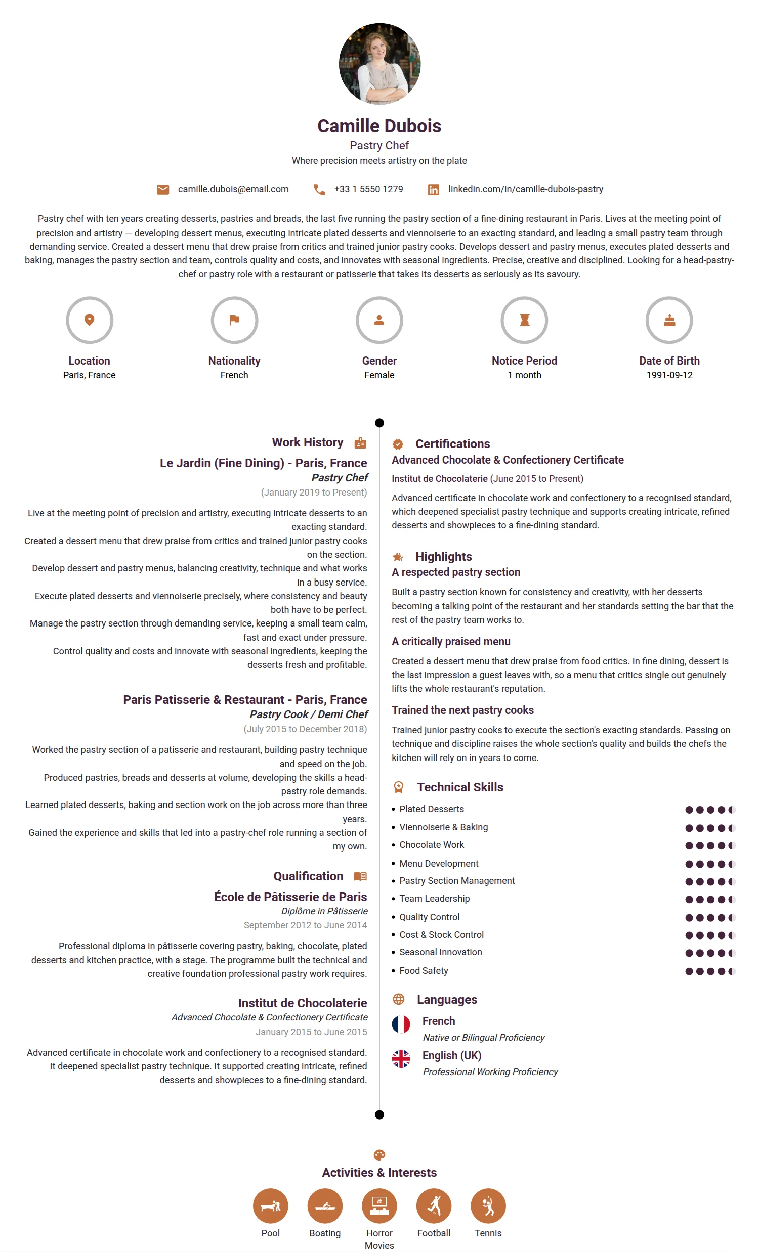 Pastry Chef resume example — a professionally formatted Hospitality CV sample