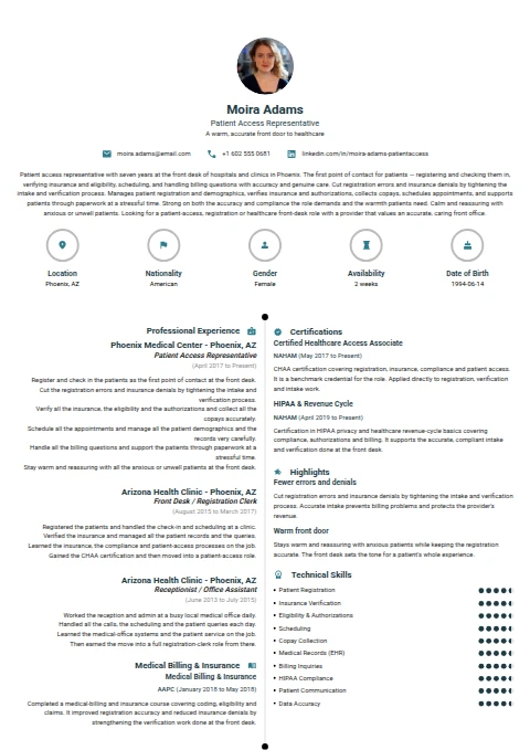 Patient Access Representative resume example — a professionally formatted Medical & Healthcare CV sample