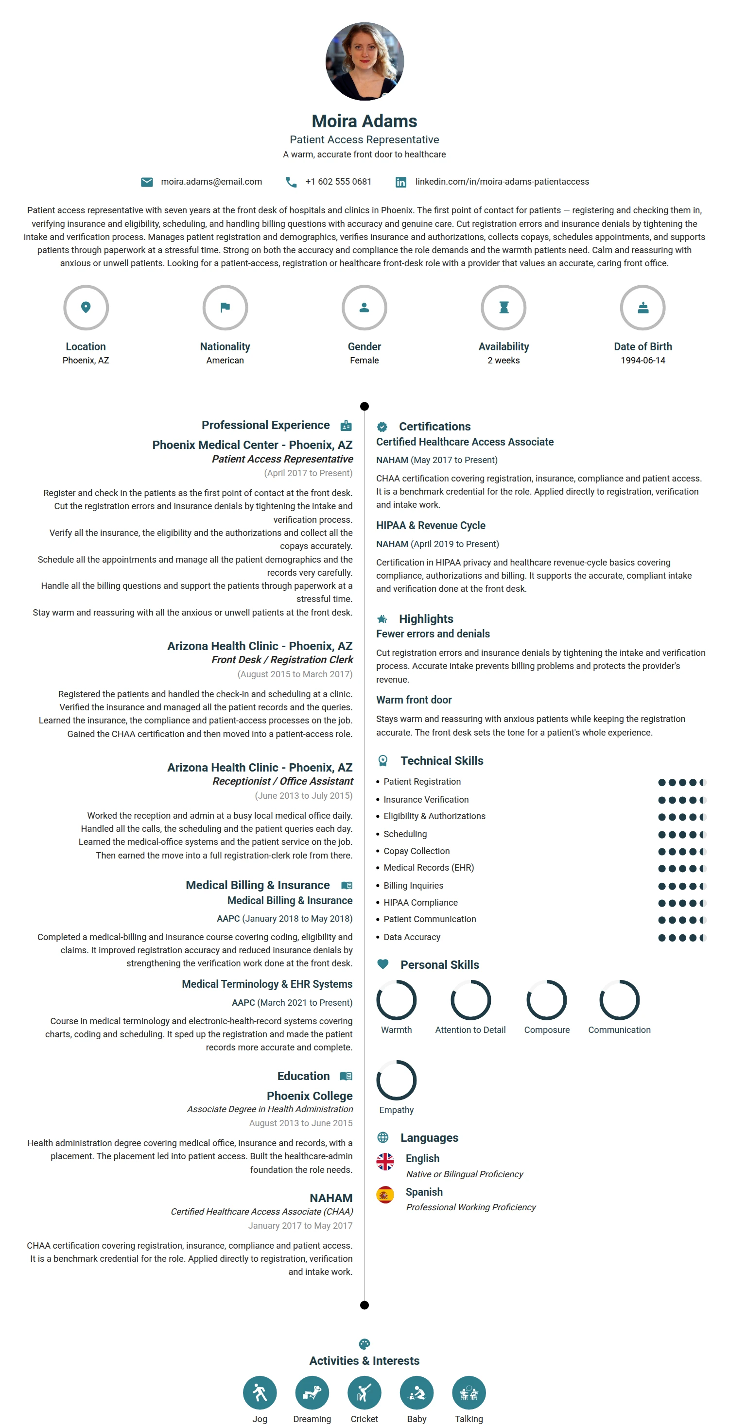 Patient Access Representative resume example — a professionally formatted Medical & Healthcare CV sample
