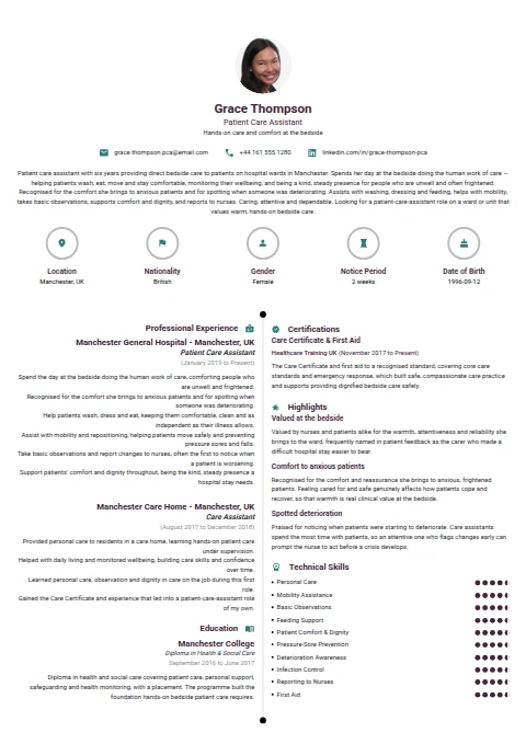Patient Care Assistant resume example