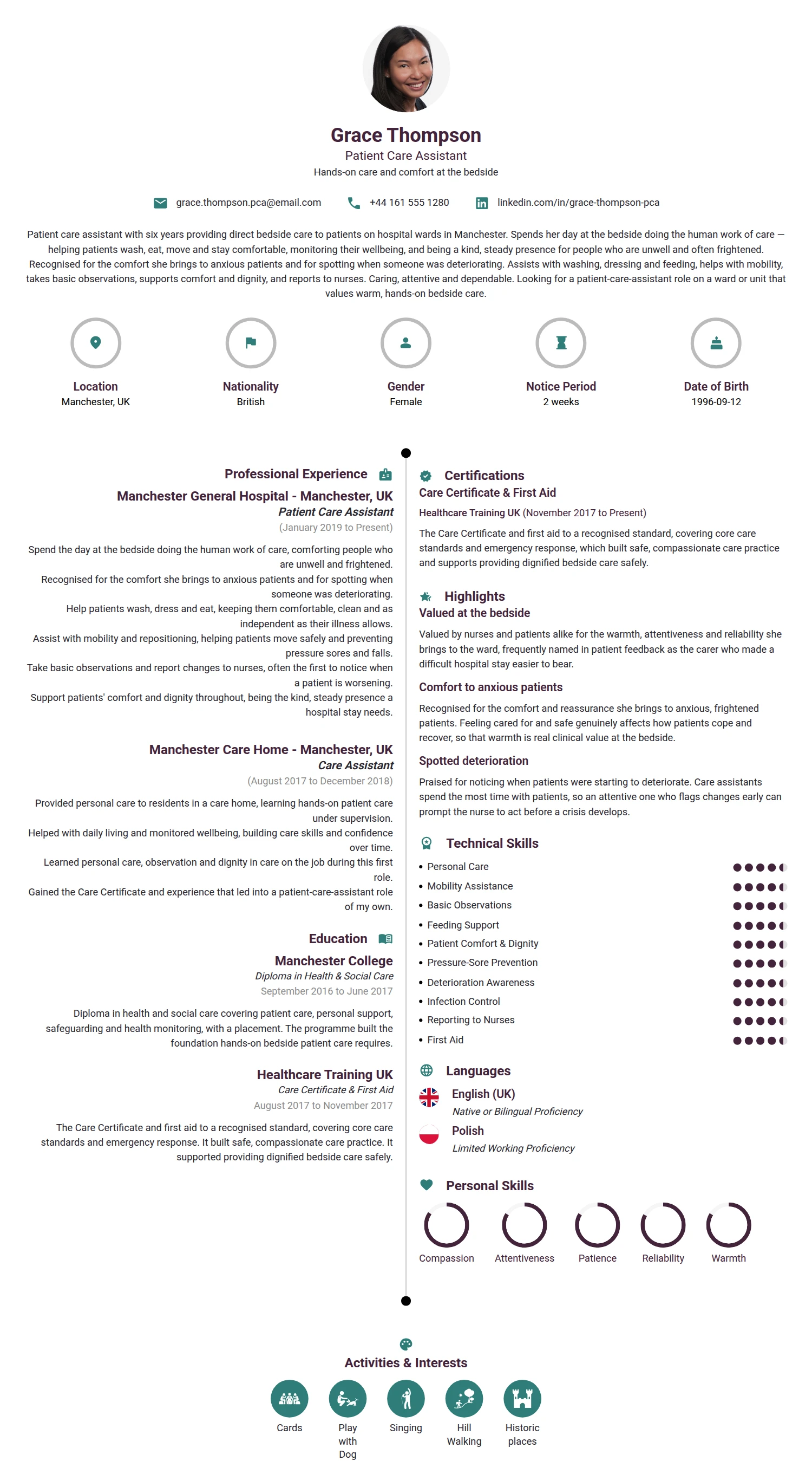 Patient Care Assistant resume example — a professionally formatted Medical & Healthcare CV sample