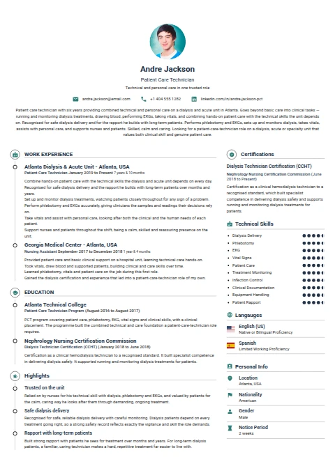 Patient Care Technician resume example
