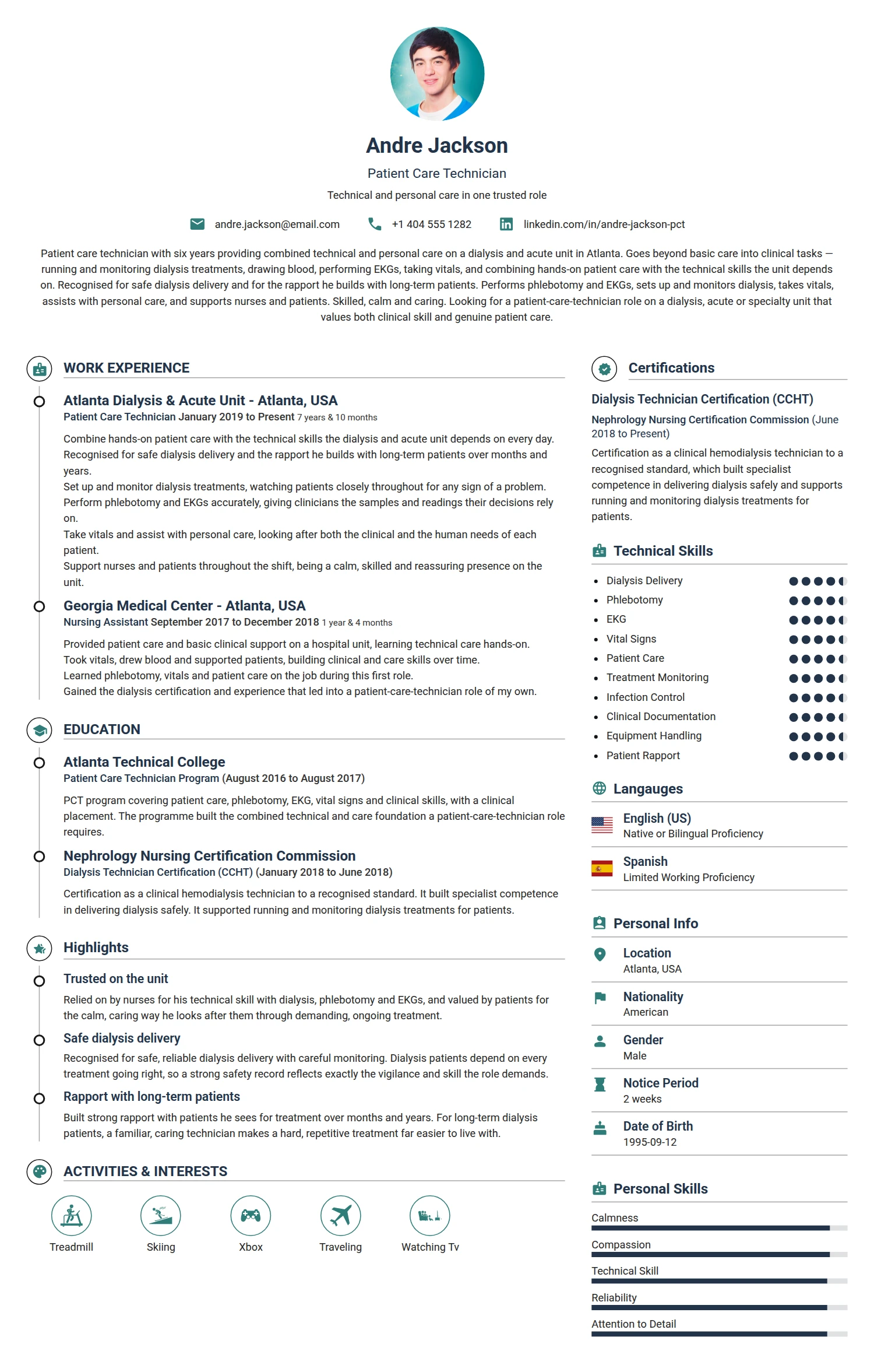Patient Care Technician resume example — a professionally formatted Medical & Healthcare CV sample