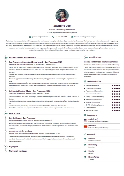 Patient Service Representative resume example