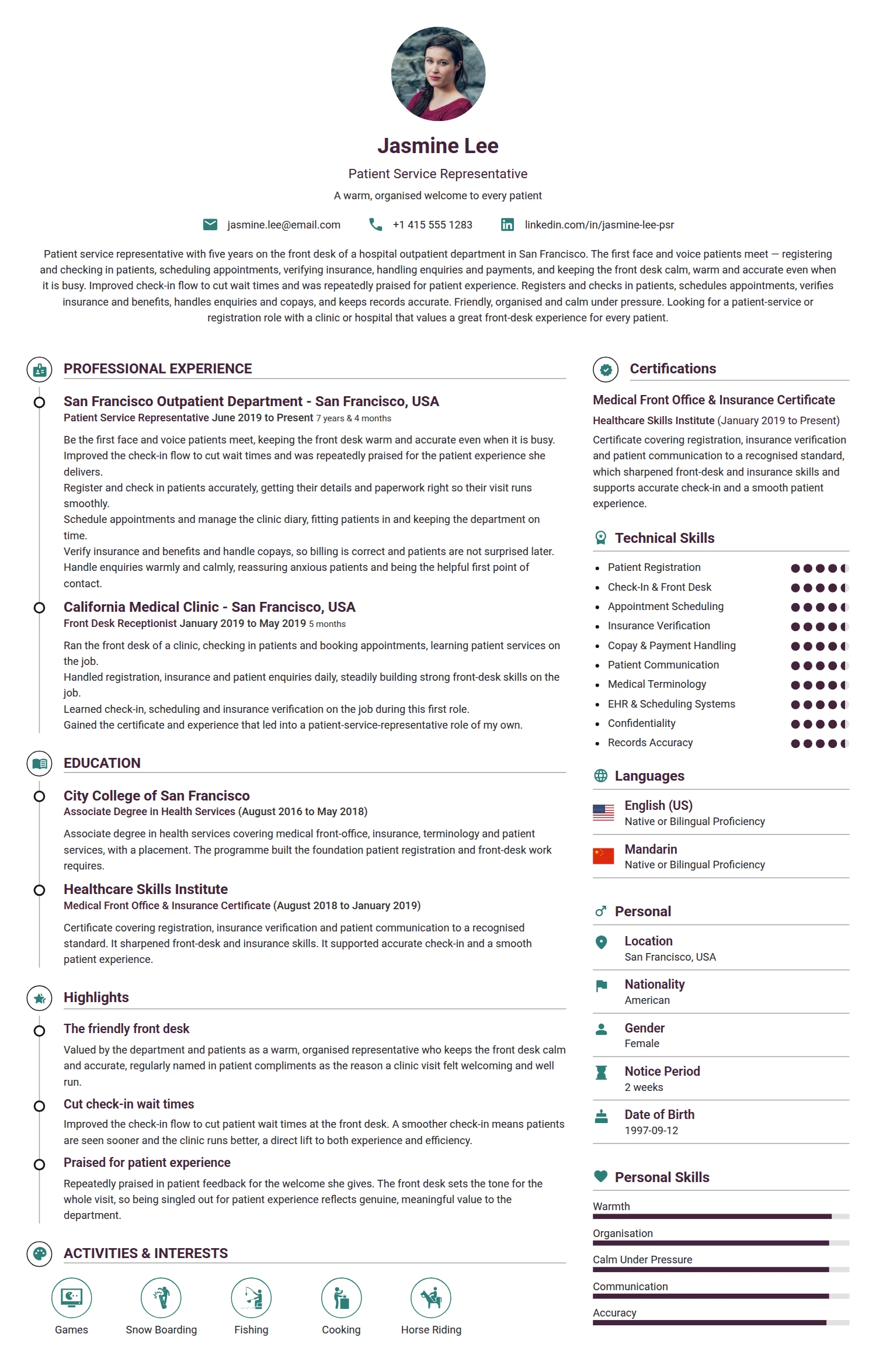 Patient Service Representative resume example — a professionally formatted Medical & Healthcare CV sample