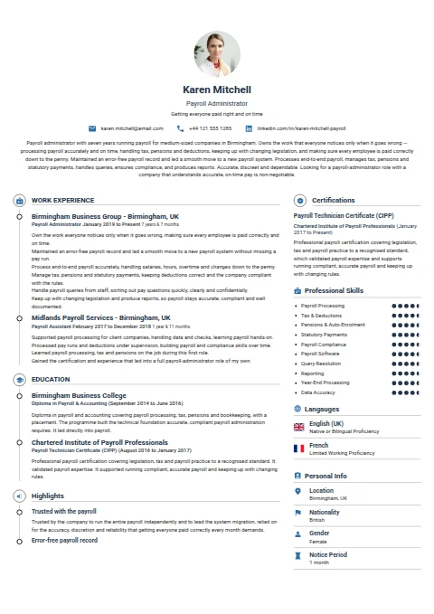 Payroll Administrator resume example